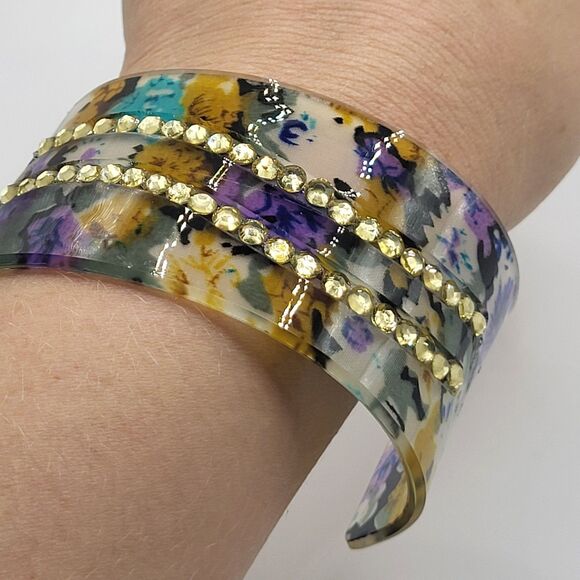 Transparent Floral Acrylic Bangle Wide Chunky 8in 1.5in wide - Picture 3 of 4